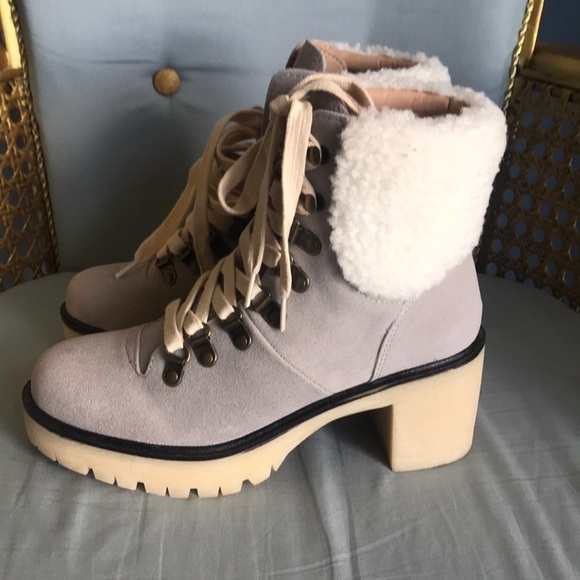 Vici Shoes - NWOT VICI light gray faux suede cream sherpa lug sole lace up ankle booties Sz 6